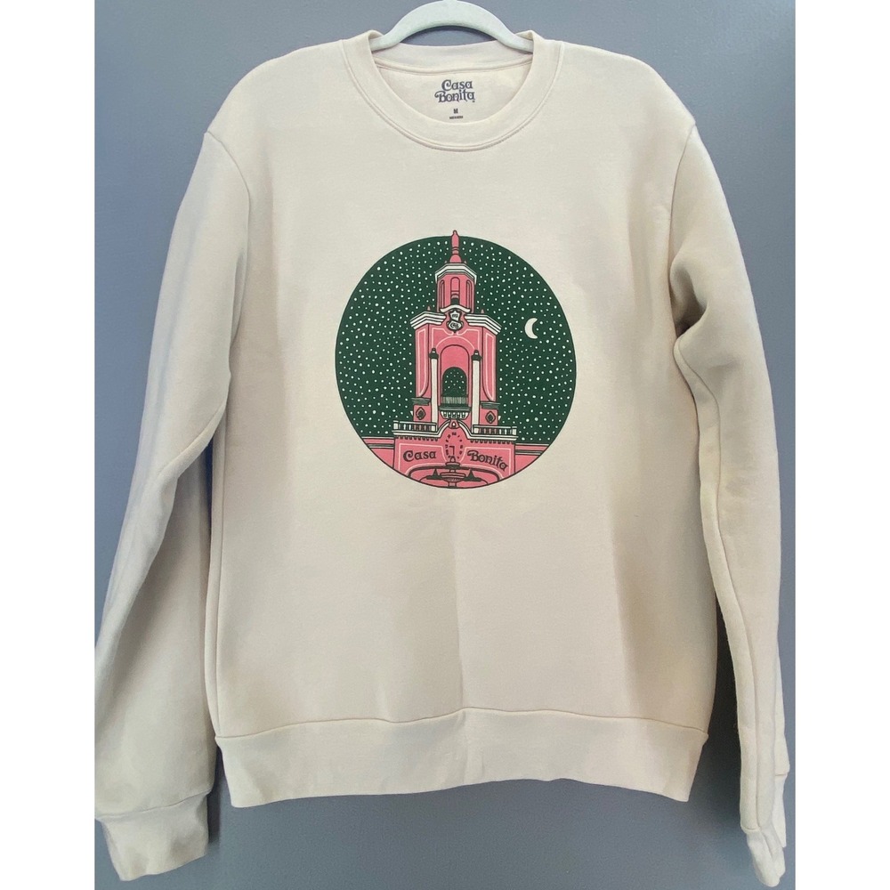 Casa Bonita Crewneck Sweatshirt Mens MED W's XL Cream Pink Tower Graphic